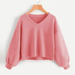 Solid Hoodies Women'S Sweatshirt Korean Style Tank Tops Pink Drop Shoulder Sleeve Blouse Fshion Ladies Fleece Pullover Sweater