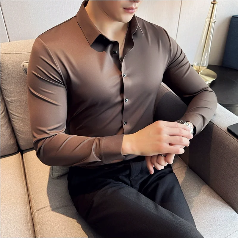 High Elasticity Traceless Shirt For Men Formal Business Slim Fit Casual Long Sleeve Quick Drying Slim Fit Social Shirt 4XL-M