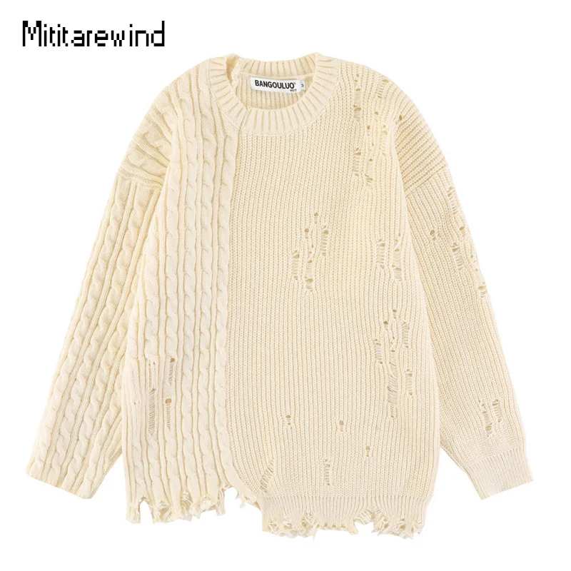

Hip Hop Streetwear Spring Autumn Couple Sweater Fashion Irregular Hole Distressed Pullover Sweater Men Twist Pattern Knitted Top