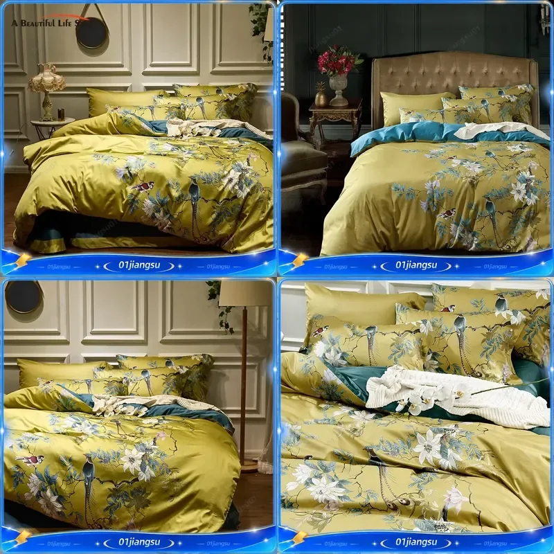 Luxury 600TC Egyptian Cotton Bedding Set Digital Print Bird Plant Flower Duvet Cover Fitted Sheet Pillowcase Home Textile