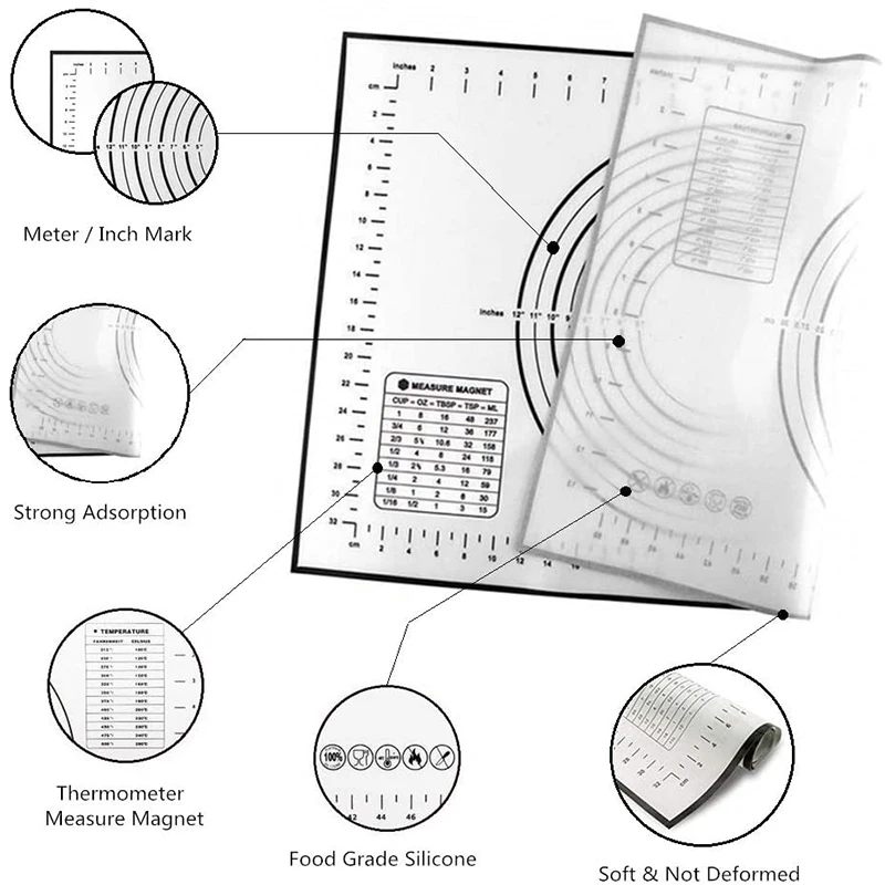 Multi-Size Large Silicone Baking Mats for The Kitchen, Featuring a Non-Slip Surface Measuring Scale And a 1-Piece Set in Black