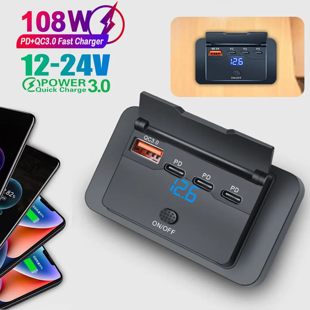4 Ports PD+QC3.0 USB C Outlet Quick Charger Adapter Type C Phone Charger Socket Panel With Switch Voltmeter 12V-24V For Car Bus