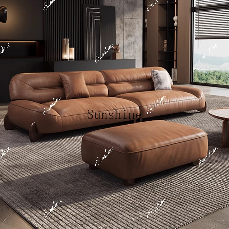 Italian minimalist living room light luxury simple small apartment straight row first layer cowhide sofa  FT