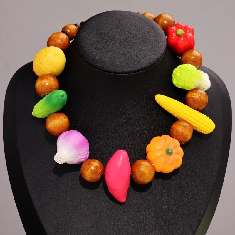 Colorful Beaded Necklace 3D Fruit Vegetable Designs, Corn, Cucumber, Onion, Bell Pepper, Y2K Jewelry For Women, Summer Vacation - view 6