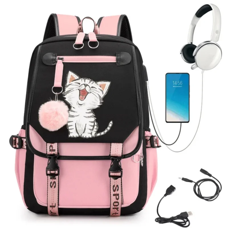 Carregamento USB Mochila De Viagem, Mochilas Impressão Gato Kawaii, Grande Capacidade Laptop Bookbag Impermeável, Sacos De Moda