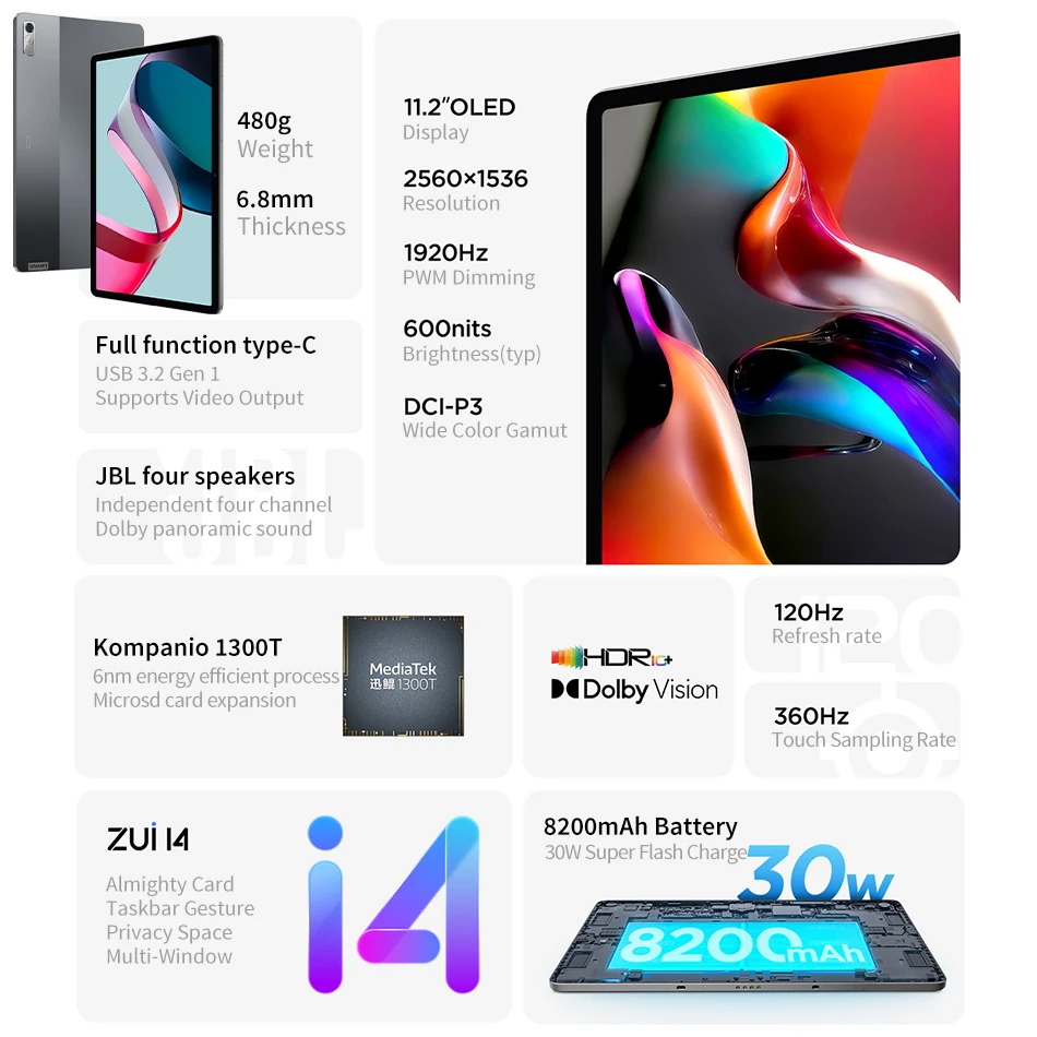 Global Rom Lenovo Tab P11 Pro 2022หรือ Xiaoxin Pad Pro 2022 MediaTek 1300T 11.2 "OLED 120Hz หน้าจอ8200MAh 6GB 128GB แท็บเล็ต WiFi