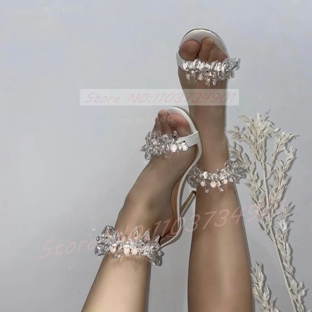 Teardrop-Crystal White Bridal Shoes Women Ankle Strap Clear Stone Round Toe Cover Heel Sandals Wedding Dress High Heels Sandals