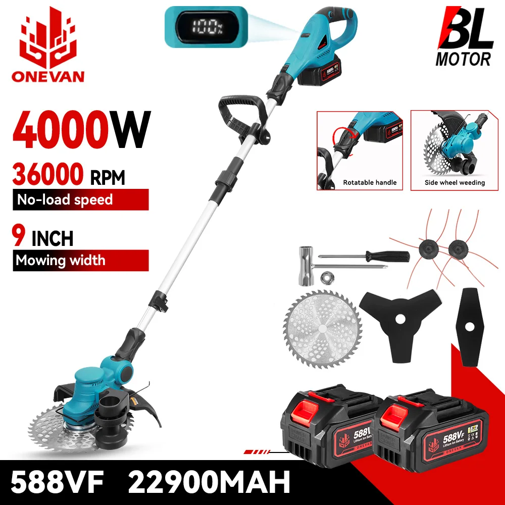 ONEVAN 9 pouces tondeuse à gazon électrique sans brosse 36000 tr/min tondeuse à gazon sans fil coupe pliable outil de jardin pour broche de batterie Makita