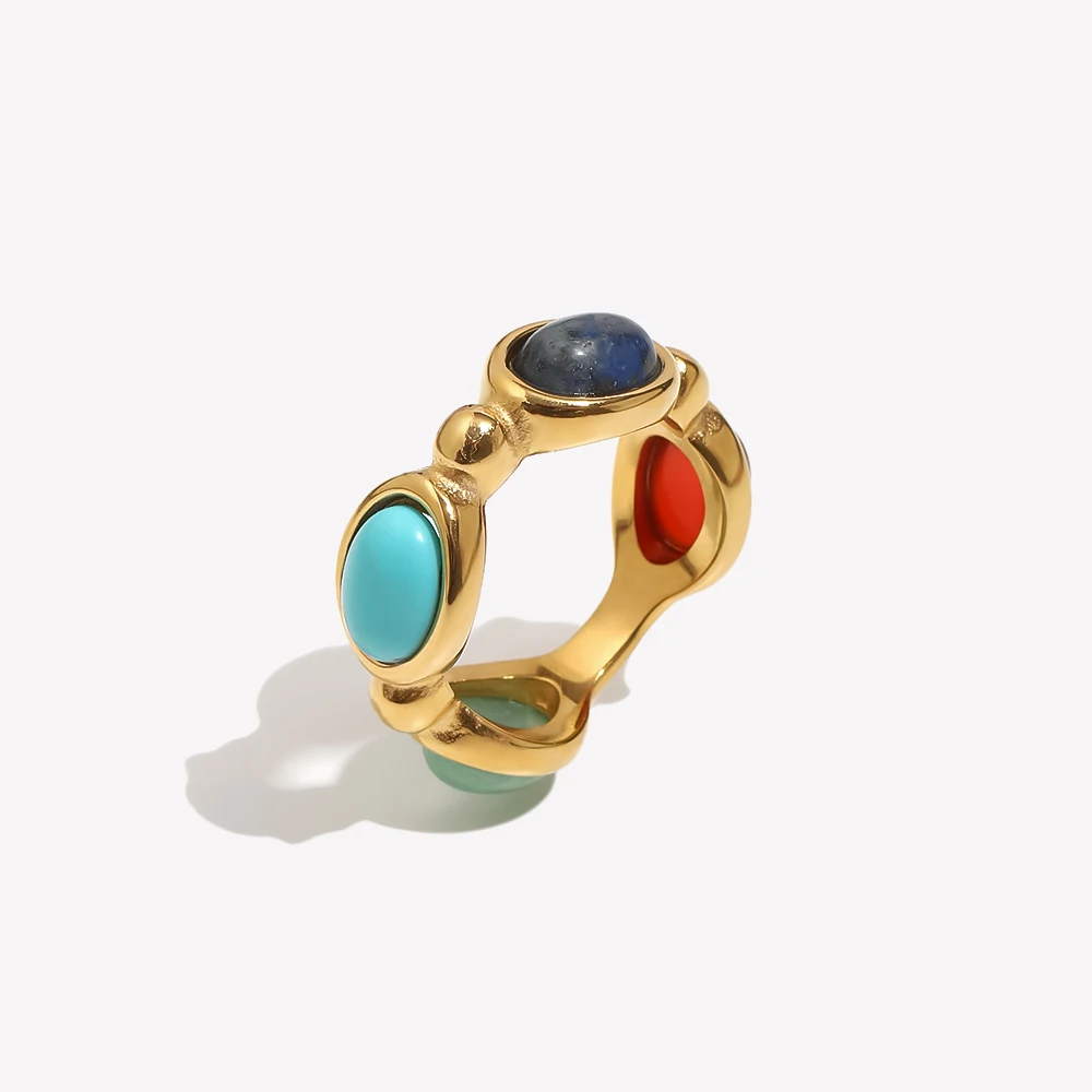 4 Colors Natural Stone Lapis Turquoise Carnelian Colorful Y2K Rings For Ladies Delicate Holiday Gold Plated Stainless Steel Ring