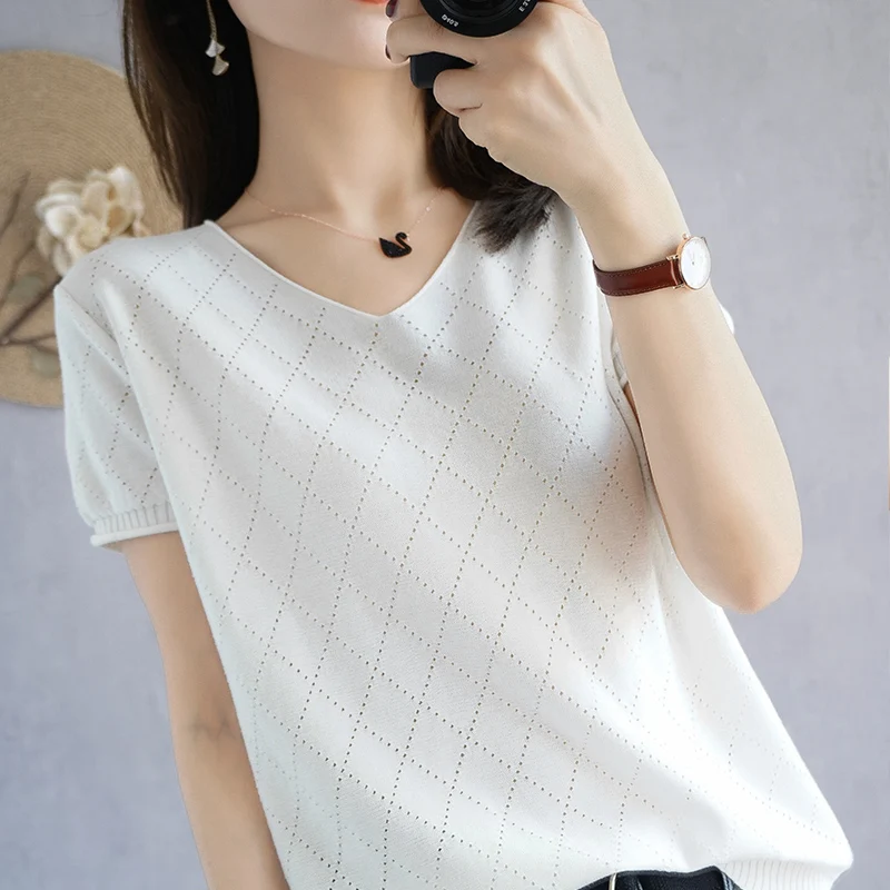 Summer new women\'s T-shirt 100% cotton casual pure color knitted sweater short-sleeved V-neck women\'s top loose fashion T-shirt