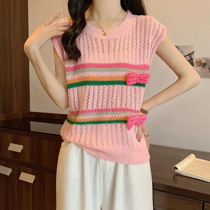 

Dopamine Style Crew Neck Sleeveless Knitted Sweater Vest Women's Summer New Bow Striped Hollow Out Slim Fit Ins Top