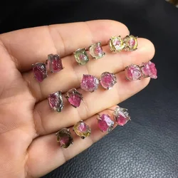 1Pair Fengbaowu Natural Rough Watermelon Tourmaline Earring 925 Sterling Silver Crystal Healing Stone Fashion Jewelry Gift Women