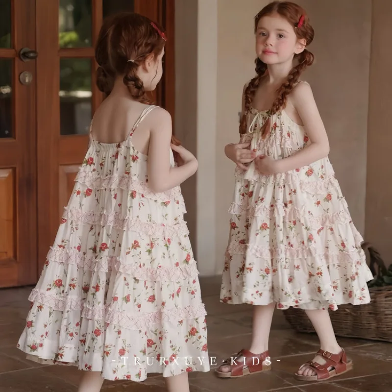 

Girls Floral Camisole Dress 2025 New Fashion Girls Baby Sweet Vacation Style Lace Princess Dress Children Dress
