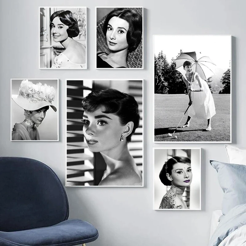 Audrey Hepburn Black and White Old Photos Canvas Painting Classical Poster and Prints Vintage Movie Star Wall Art Picture Decor