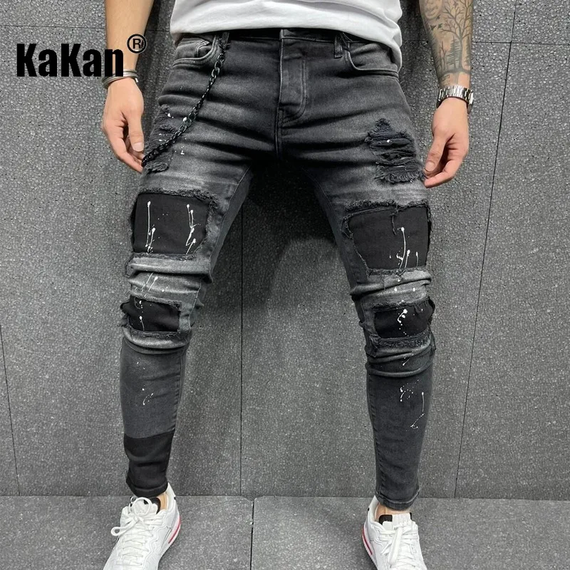 Kakan - New Men's Perforated Printed Jeans, Y2k Clothes with Elastic Small Leg Long Jeans, Jeans Man Brand