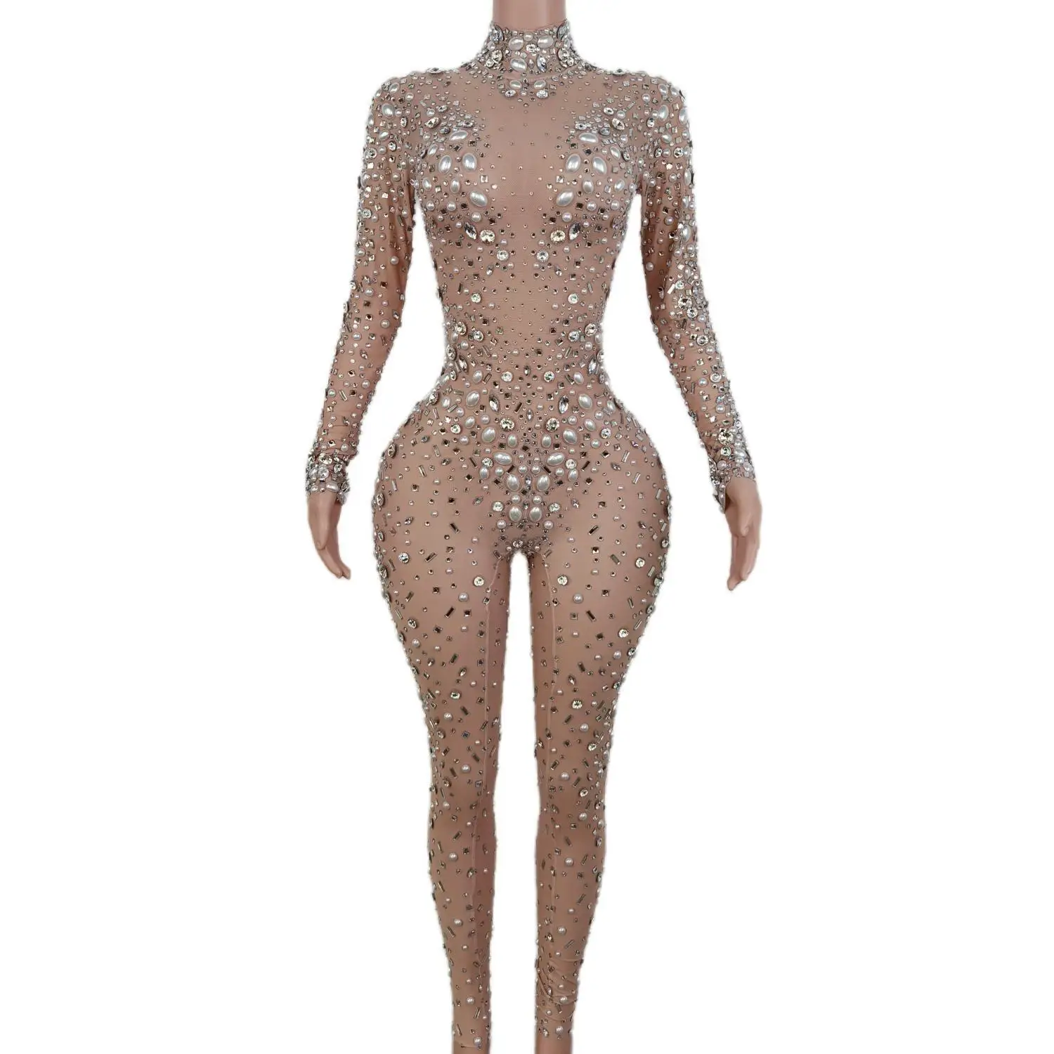 

2024 Trending Products Pearls Rhinestone Long Sleeve Mesh Bodysuits Bodycon Romper Women Night Club Dance One Piece Jumpsuits