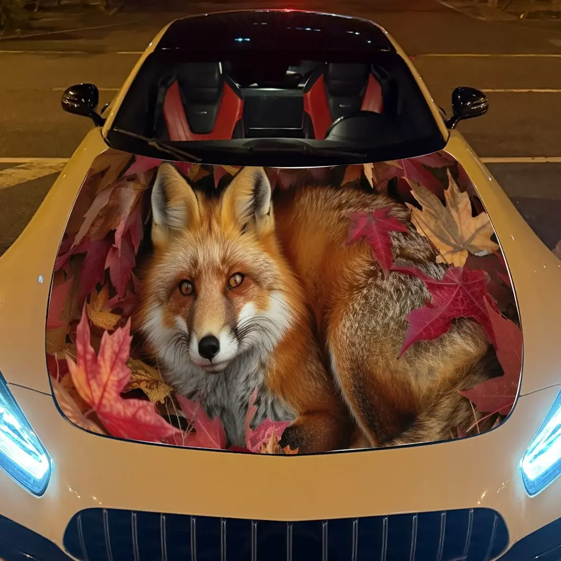 

Fox Maple Leaves Car Hood Sticker PVC Self Waterproof Stick, Striking Auto Exterior Accessories Decor Protect Gift for Car Lover