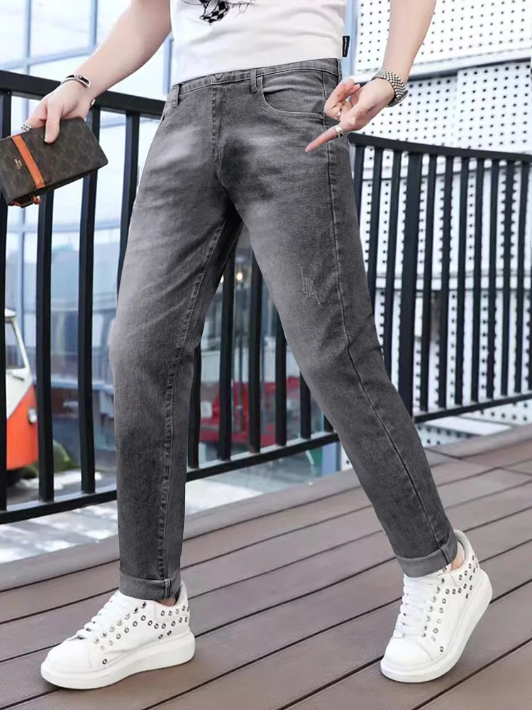 

Мужские повседневные эластичные джинсы, осенние новые модные однотонные винтажные тонкие европейские и американские джинсовые брюки на маленьких ножках, мужские