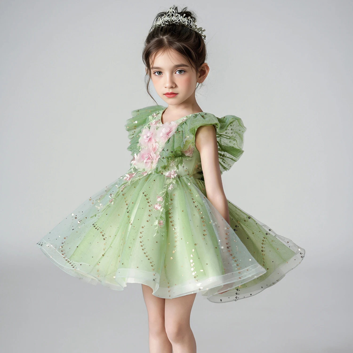 Fly Sleeve Wedding Birthday Green Dresses For Girls 2-8 Years Party Lace Tutu Christening Gown Kids Children Pageant Clothes