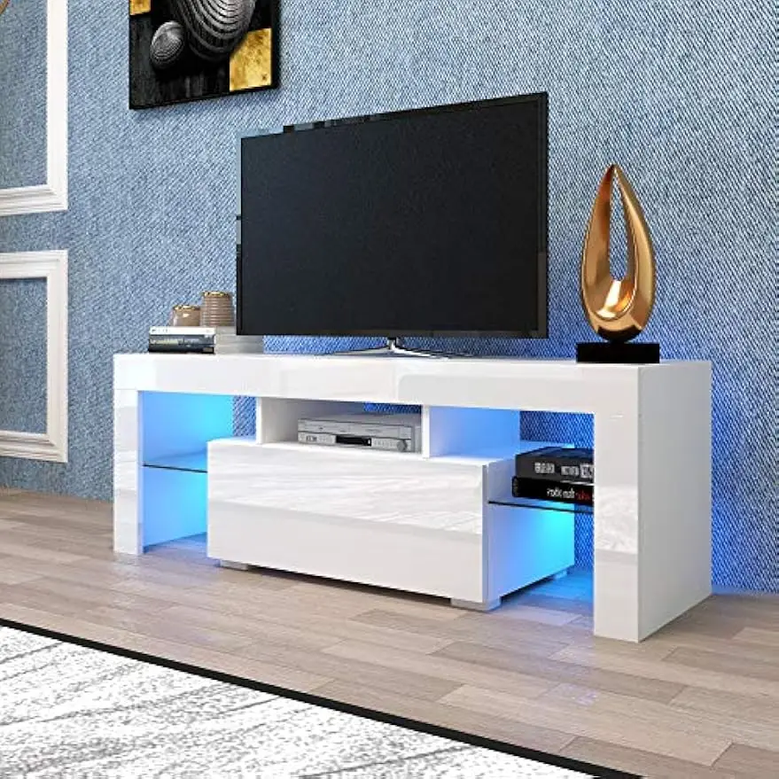 LED TV Stand for 70 inch TV, Modern TV Stand with LED Lights and High Glossy Cabinets, White TV StandWhite 18