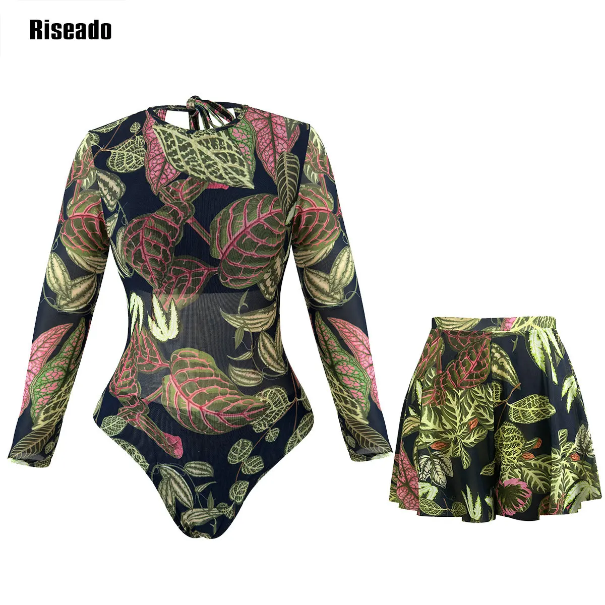 Long Sleeve Mesh Swimsuits for Women - Leaf Print Rash Guard Round Neck Surf One Piece Full Coverage Bathing Suit Large Size