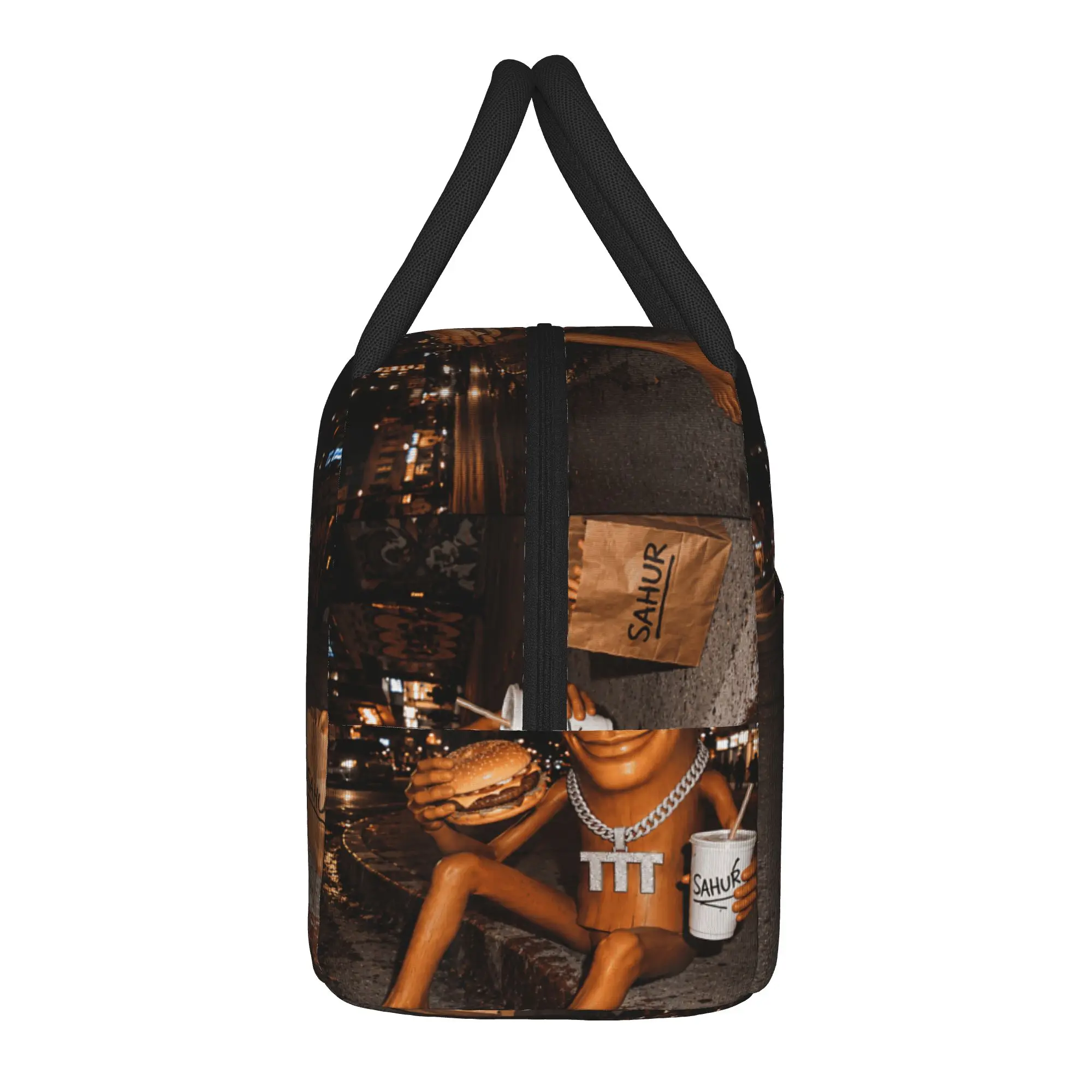 Street Food Night Vibes Funny Tung Sahur Soda Burger Fries Lunch Bag  Casual Lunch Box Child Picnic Portable Zipper Cooler Bag