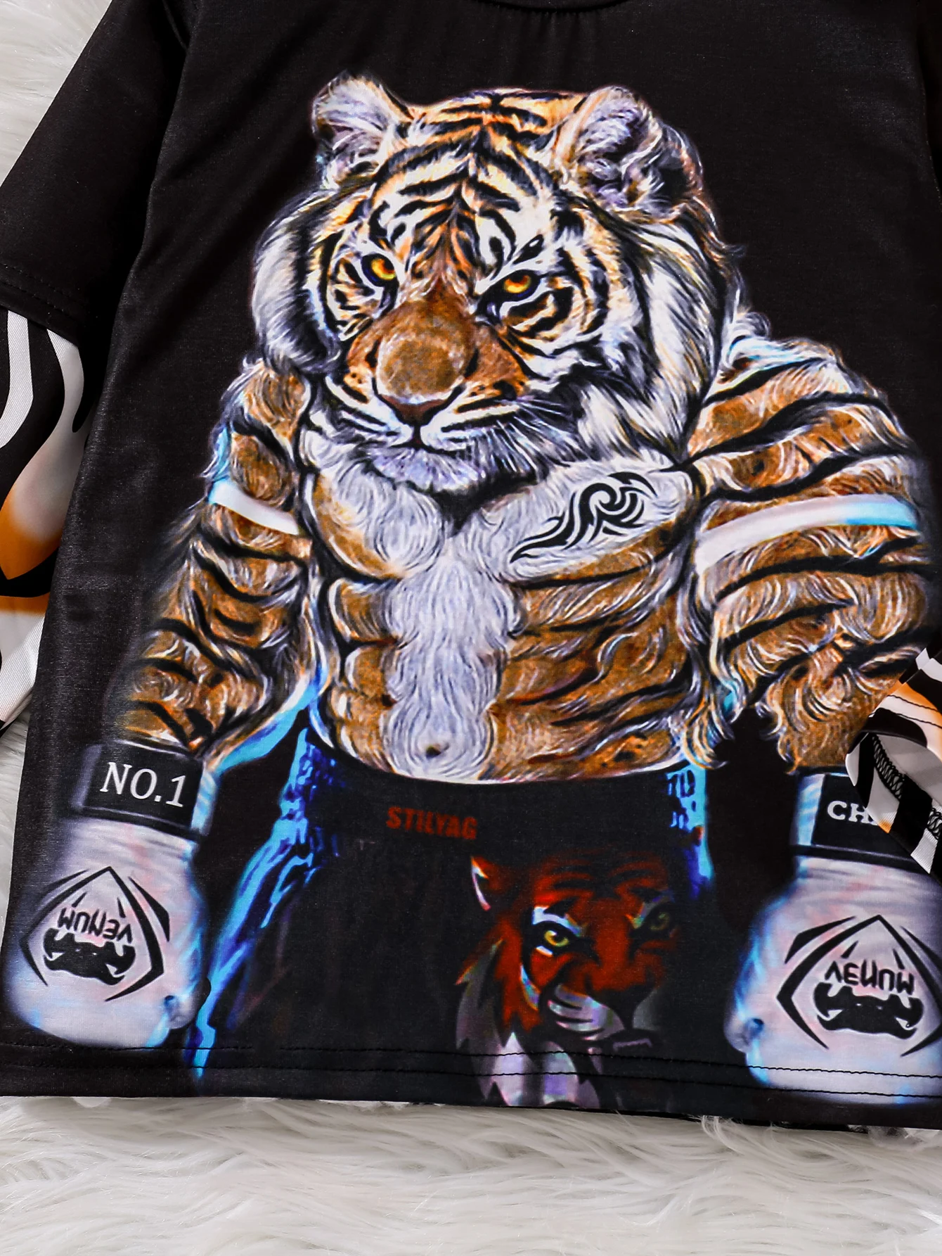 Spring Summer Children Boy T-Shirt Tiger Motif Tattoo Splicing sleeves Top Fashion Kids Boys Clothes For 5-14 years