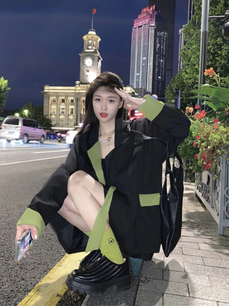 

Женский милый свободный пиджак с длинными рукавами, весна-осень 2024, костюм с цветными блоками, контрастная цветная лента, элитный модный дизайн