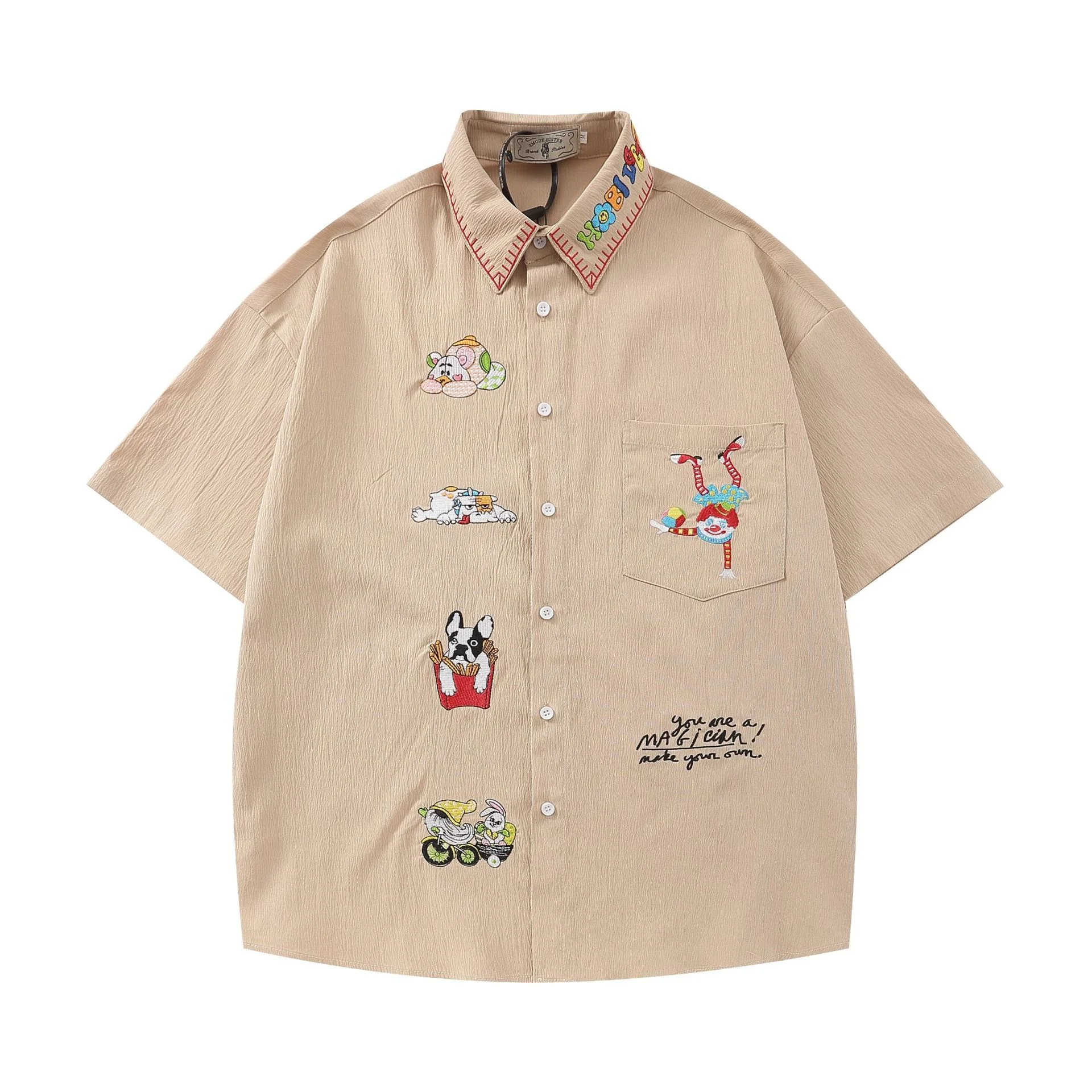 

American Fun Cartoon Embroidery Short Sleeve Shirts for Men and Women Hip Hop Harajuku Vintage Casual Loose Button Up Shirts