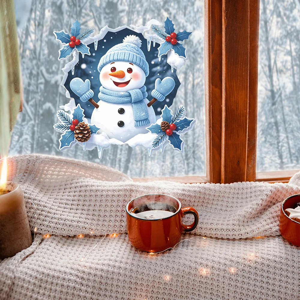 Christmas Creative Broken‑hole Knitted Snowman Window Sticker Home Balcony Glass Decorations