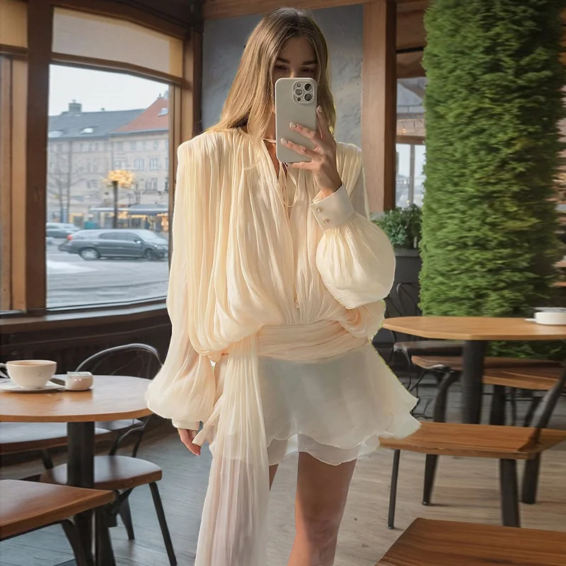 

Elegant and Chic Puff Sleeve Short Dresses 2025 Spring New Crimp Ruffle Women's Dress Fashion Casual Holiday Outfits Y2k Clothes