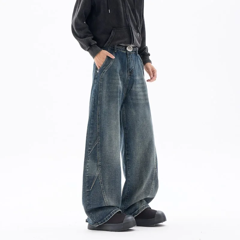 2026 Autumn Hong Kong Style American Deconstructed Wide Leg Jeans Men Women Vintage Washed Split Spliced Baggy Straight Drape