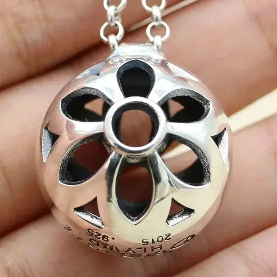 S925 sterling silver pendant, fashionable hip-hop internet celebrity  Hollow round bead cherry blossom minimalist style