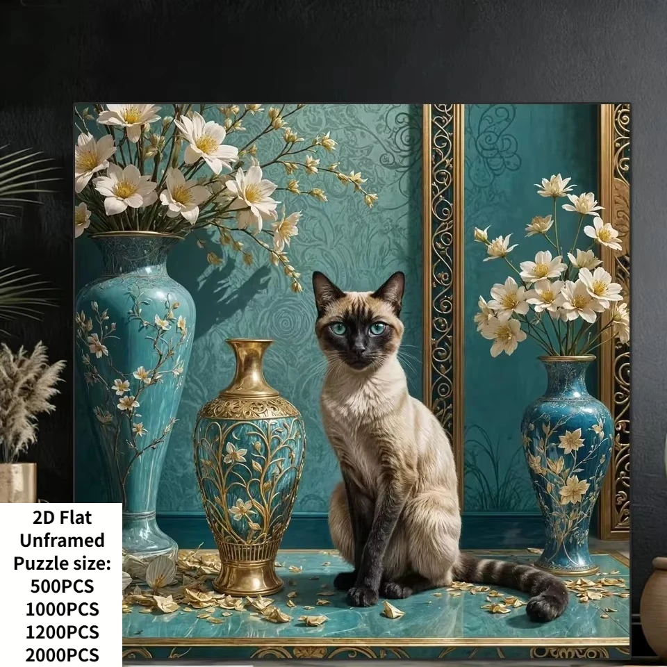 Adult Jigsaw Puzzle 500/1000 Pieces Puzzle Cat Animal Vase Flowers Paper Puzzle Decorative Painting Exercise Brain Thinking