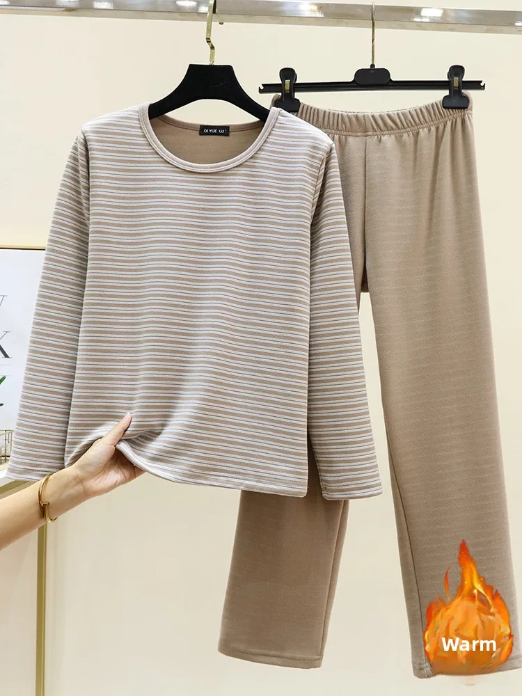 Thickened Fleece Lined round Neck Women's Sleepwear Set Warm Home Clothes Double-sided Velvet Winter Size Large Innerwear