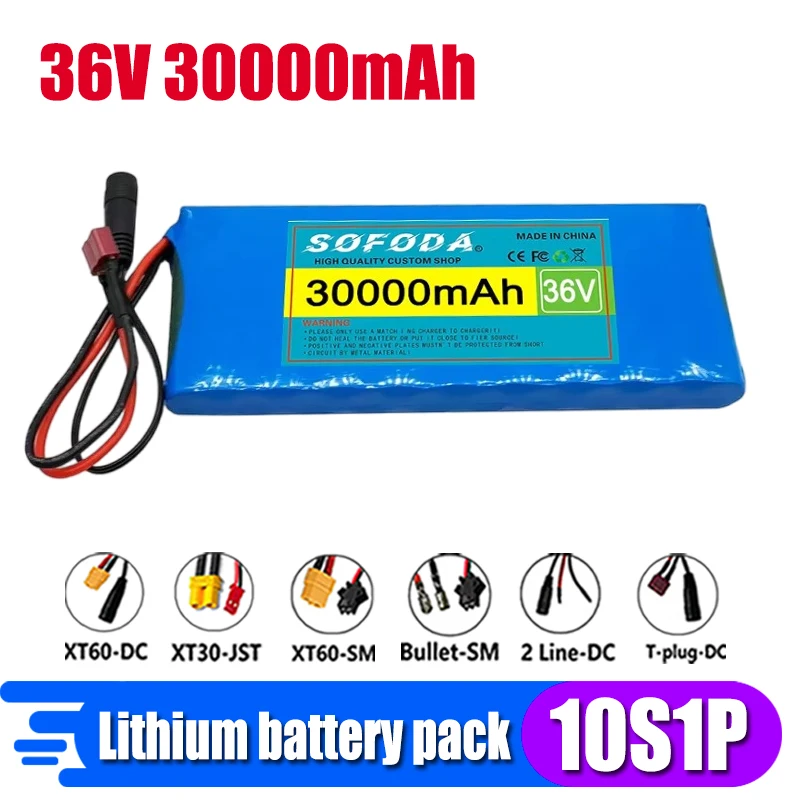 36V 30000mAh 10S1P large capacity battery pack 18650 lithium-ion rechargeable battery with BMS, equipped with 42V 2A charger