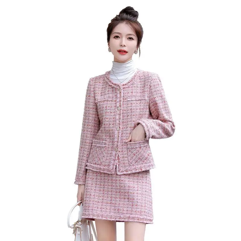 

Pink women's tweed 2-pcs set long sleeved round neck jacket+skirt 2024 new spring/autumn small fragrance style set