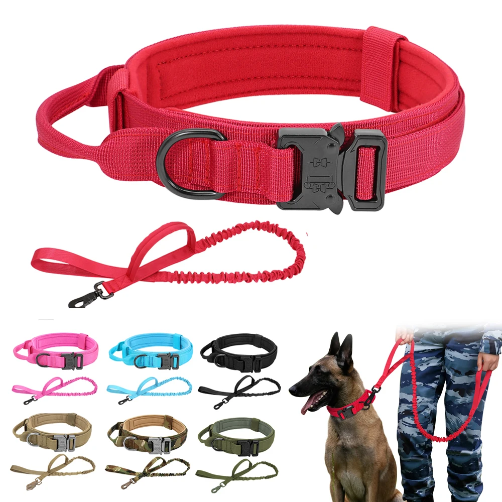 Military Tactical Dog Collar Leash Adjustable Durable Big Dog Collars Leashes For German Shepard Walking Training Accessories