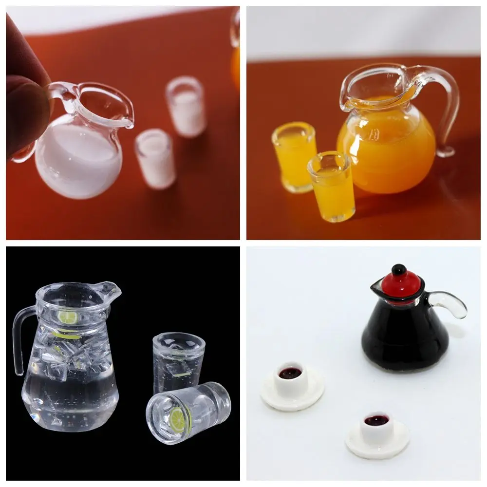 1 Juego a escala 1/12 de zumo de naranja, limón, agua, accesorios para muñecas, modelo para beber café, leche, bebidas en miniatura, taza de jarra