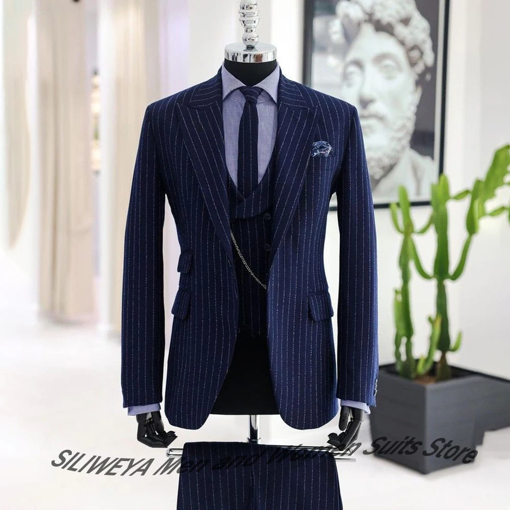 

Navy Pinstripe Single Breasted Men's Suits and Separates Elegant Formal Jacket+Vest+Pants 3Pieces Set for Business & Wedding
