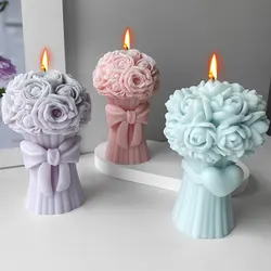 Romantic Love Bouquet Flower Silicone Candle Mold Butterfly Knot Rose Soap Resin Making Chocolate Cake Decor Wedding Day Gift