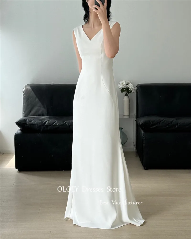 OLOEY Simple Mermaid Wedding Dresses Korea Photoshoot V Neck Floor Length Soft Satin Spring Bridal Gowns Custom Made Mariage