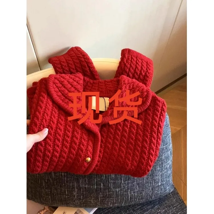 Nouvel An Rouge Twist Tricot Pull Cardigan Femme Hiver Nouveau Sle Haut Doux Tricot Vêtements D'extérieur Col montant Auto-Preservation...