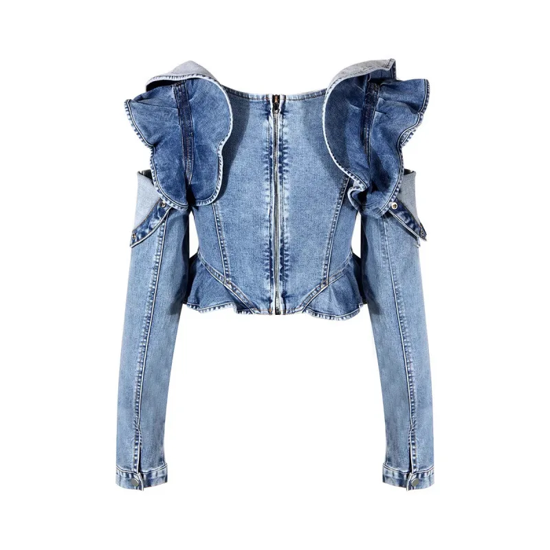 

Fashion Ruffled Long Sleeve Denim Top Cold Shoulder Cropped Blouse Birthday Party Friends Gathering Street Style Daily Outfits