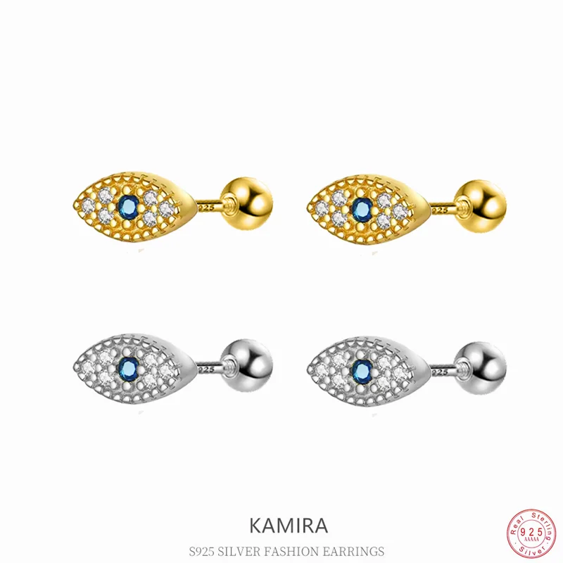 

KAMIRA 925 Sterling Silver Evil Eye Stud Earrings Gold Plated Trendy Blue CZ Ball Back Jewelry for Women
