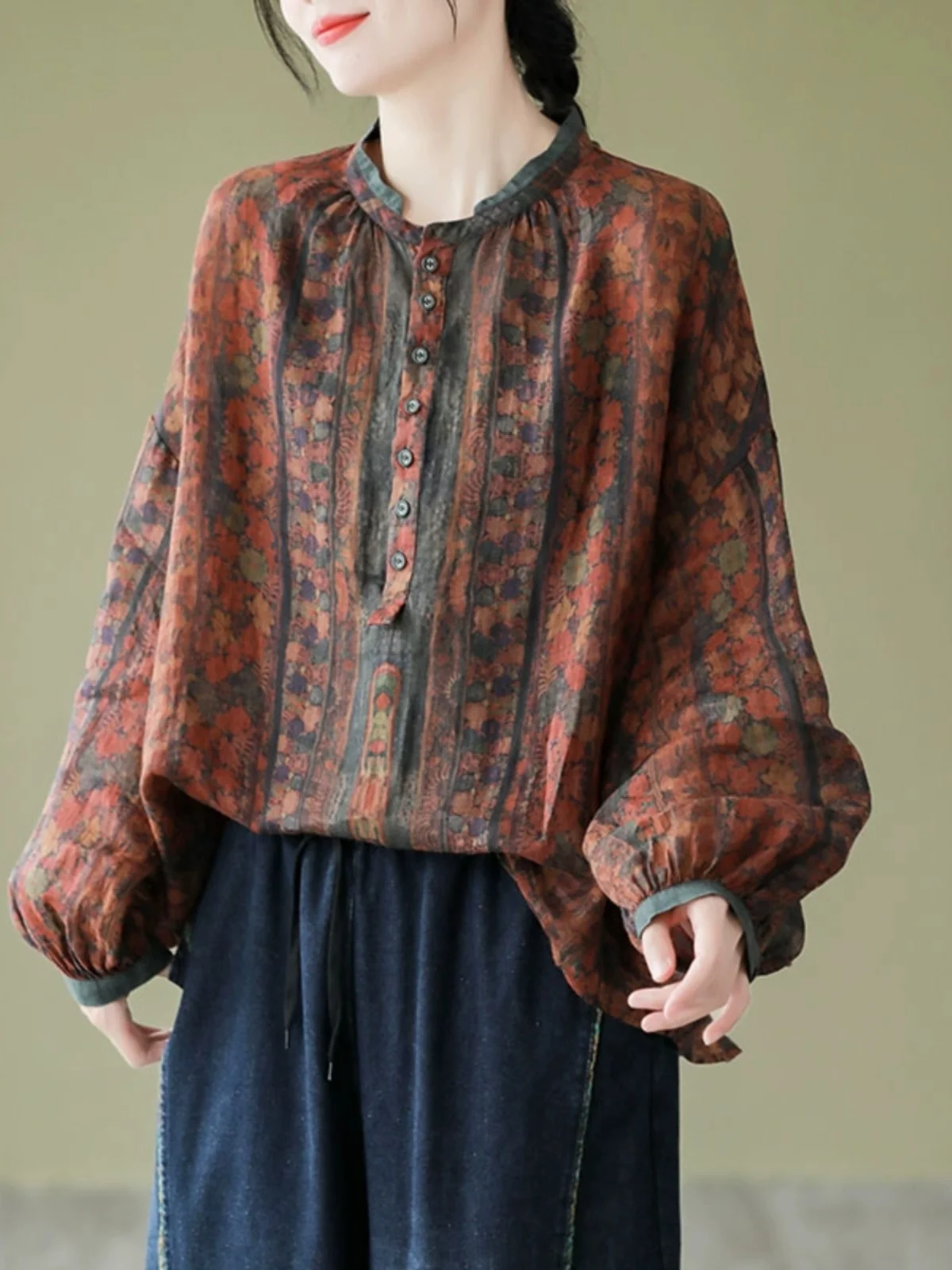 

Color Blo Long Sve Irt с принтом, большой размер, женский модный воротник-стойка, фонарь Sve, топ с цветочным принтом, осень