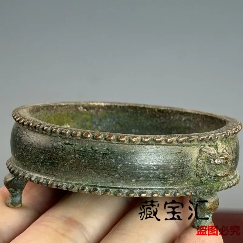 Antique Patina Bronze Tripod Censer Xuande Mark Lion Ear Incense Burner Brush Washer Decor