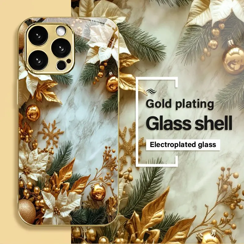 Christmas Golden Flower new electroplated glass phone case, suitable for iPhone 17/16/15/14/13/12/11, etc.