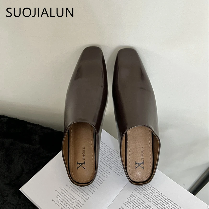 SUOJIALUN 2023 Autumn Women Slipper Ladies Round Toe Slip On Ladies Casual Mules Shoes Flat Heel Outdoor Dress Sandal Shoes