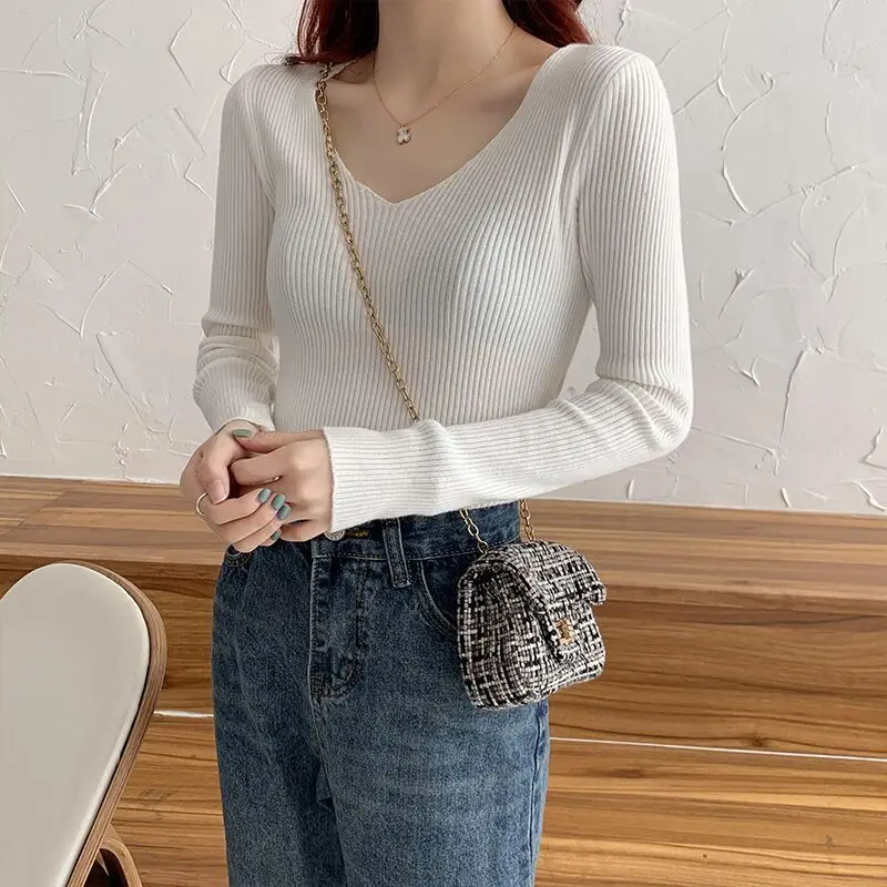 니트 스웨터 여성 풀오버 신상 긴팔 브이넥 화이트 니트 스웨터 풀오버 여성 상의 니트웨어 스웨터 여성용 Q1020
